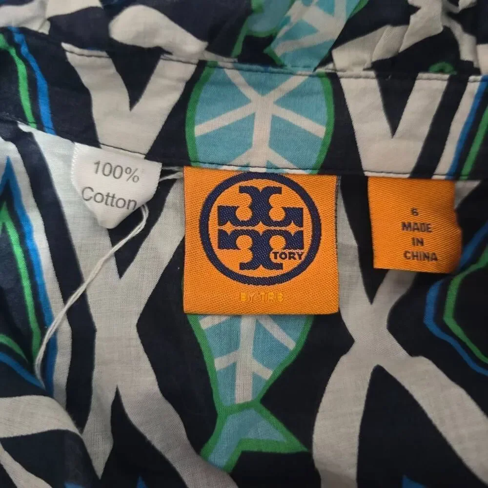 Tory Burch Geometric Print Fish Multicolor Ruffle Blouse